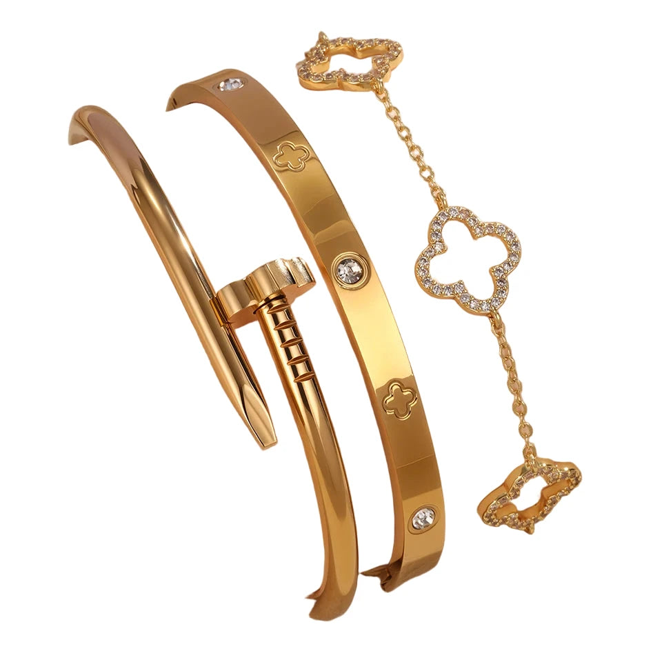 Luxe Clover Nail Bangle Set (3-Piece)