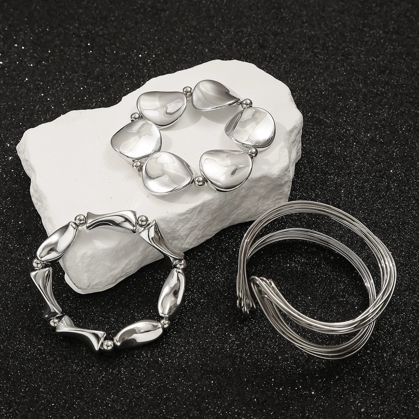 Sculpted Silver Statement Cuff Set