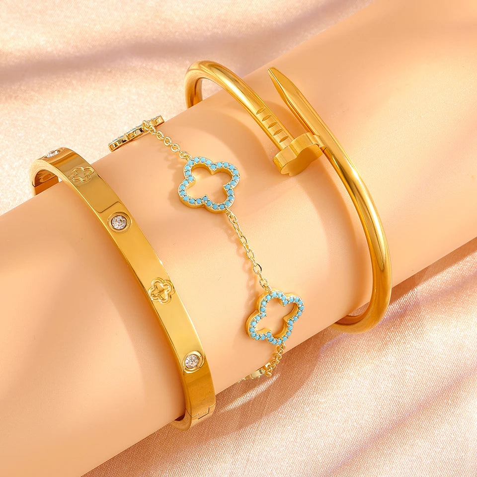 Luxe Clover Nail Bangle Set (3-Piece)